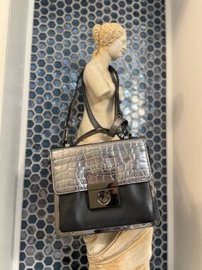 Milly Croc Embossed Leather Satchel | Black & Metallic | Top Handle Crossbody